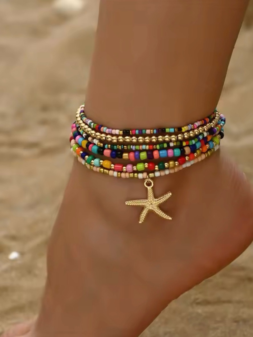 Gold Starfish Charm Multicolor Beaded Anklet - Women Jewelry